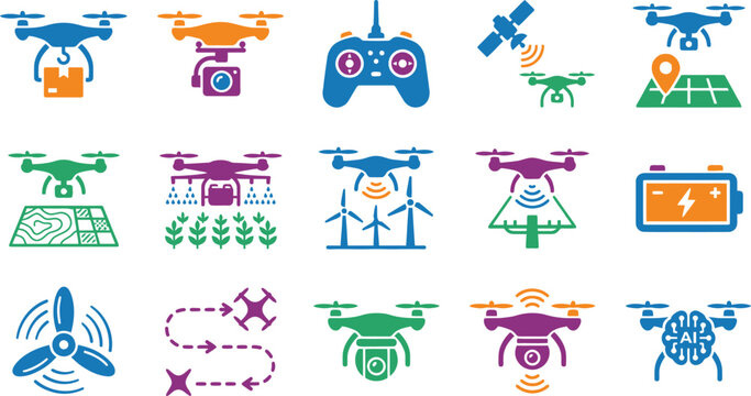 Colorful drone icons in silhouette style for tech and robotics design on white background