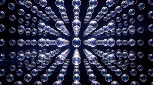 Abstract grid of glowing transparent spheres receding into a dark background, creating a sense of infinite depth and futuristic design.