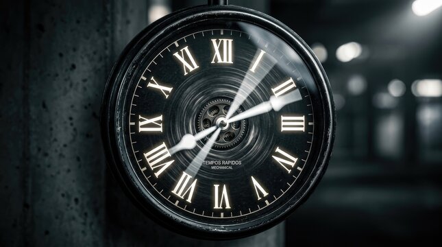 A close-up shot of a vintage mechanical clock with Roman numerals. The clock face is dark, with a detailed inner mechanism visible through a clear glass cover.
