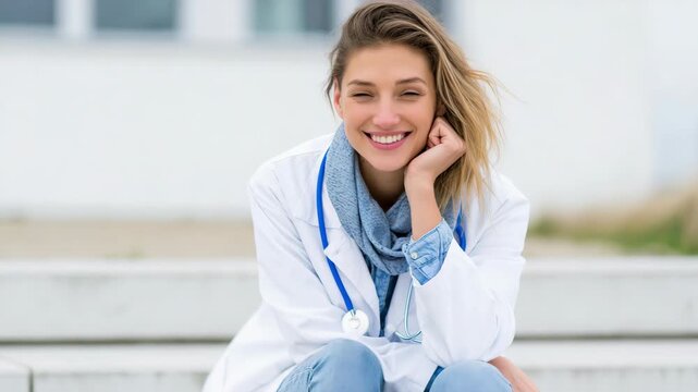 Slow dolly in tracking shot of female doctor smiling while sitting on outdoor steps at medical campus
