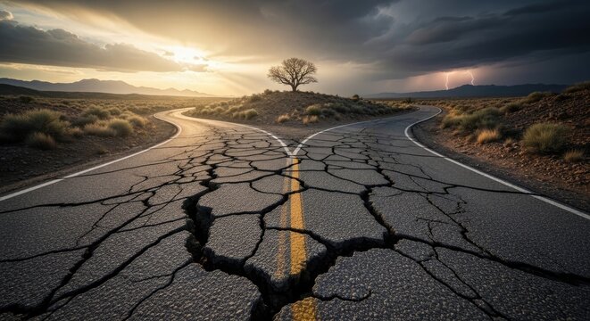 A cracked asphalt road splits into two diverging paths under a dramatic, stormy sky.