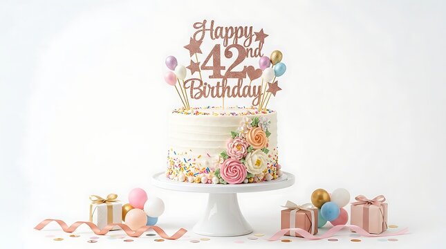 Elegant 42nd birthday cake with gifts and pastel balloons
