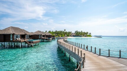 Naklejka premium A wooden walkway extends over turquoise water towards luxurious overwater bungalows. The bungalows are constructed with thatched roofs and feature private decks.