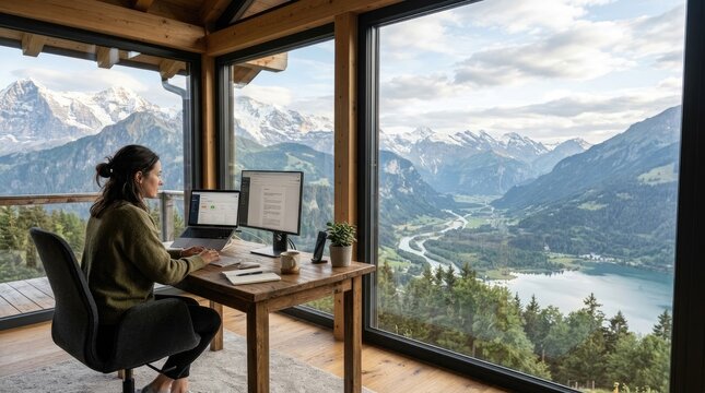 A woman sits at a wooden desk, working on her laptop. She is positioned in front of a large window offering a breathtaking view of a mountain range and a lake.