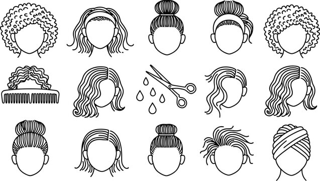 Assorted black and white line art illustrations of hairstyles and hair salon elements