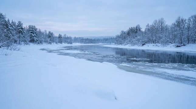 A wide, frozen river flows through a snowy landscape. The river's surface is partially covered with ice and snow, creating a textured, reflective expanse.