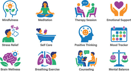 Fototapeta premium Vibrant colorful illustration of various mental wellness concepts in silhouette style on white background for health design