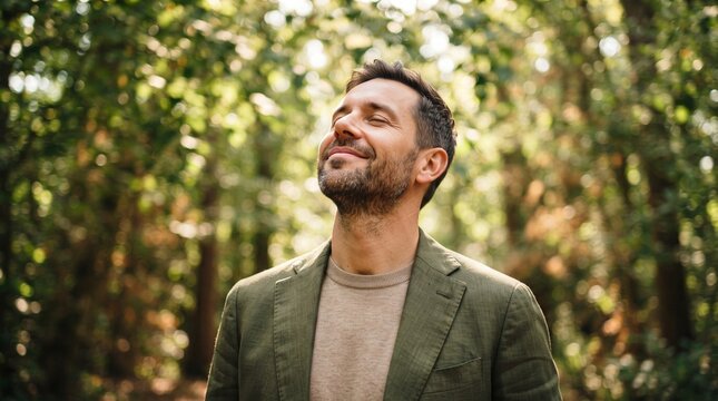 breathing exercise inhaling freedom happiness man in a lush forest setting, smiling and enjoying the serenity of nature, embracing the calm and joy of the momen