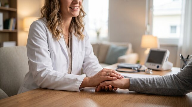 doctor patient consoling check-up health as a caring doctor holds a patient's hand in an office setting, promoting trust and support in medicine and health discussion