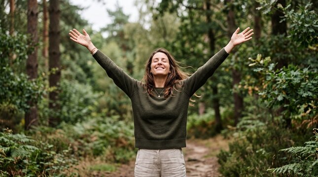 breathing exercise inhaling freedom happiness woman in the forest with arms raised, smiling and enjoying nature, wearing a green sweater and beige pant