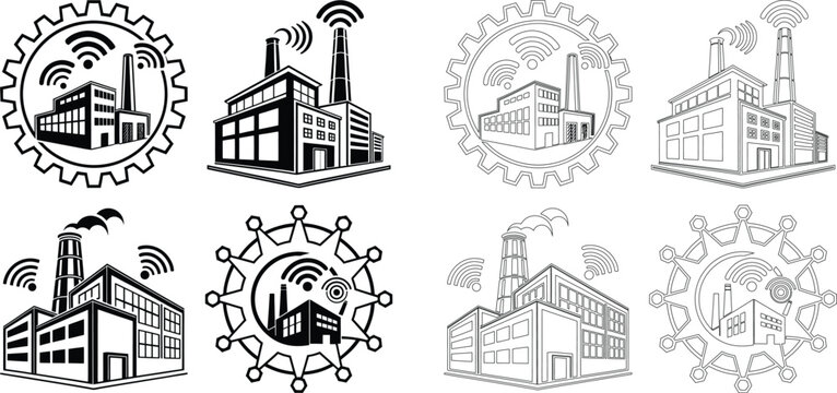 Smart factory with industrial buildings, gear wheels, and wireless signal symbols in black and white style