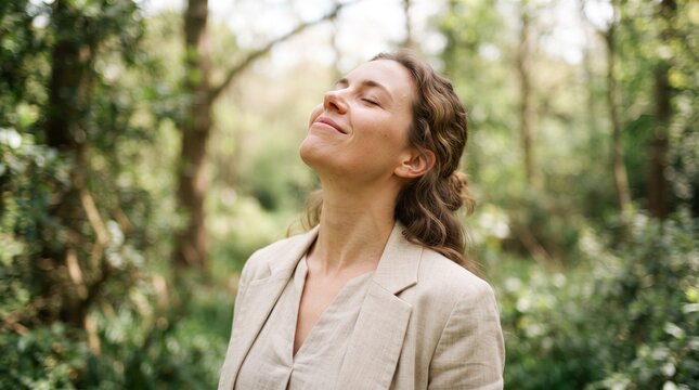 breathing exercise inhaling freedom happiness woman in a serene forest setting, eyes closed, enjoying nature, feeling peaceful and free, embracing tranquilit