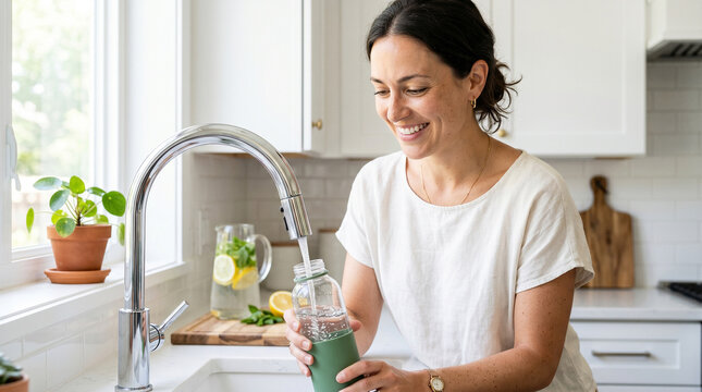 Woman refilling reusable water bottle with tap water in modern kitchen