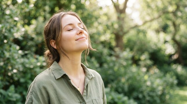 breathing exercise inhaling freedom happiness woman enjoying fresh air in a lush green garden, eyes closed, feeling serene and connected to natur