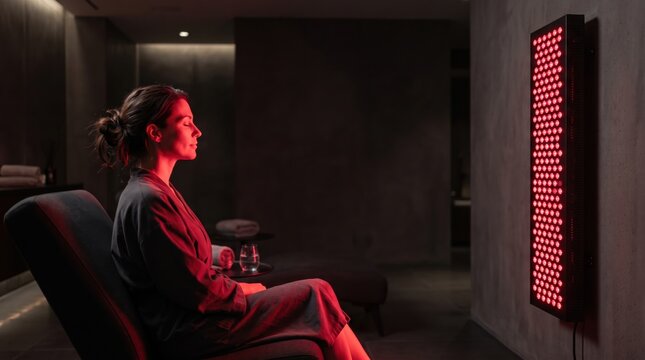 Woman relaxing in dark spa room during red light therapy session. Girl sitting in front of infrared LED panel for skin rejuvenation and health recovery. Alternative medical treatment.