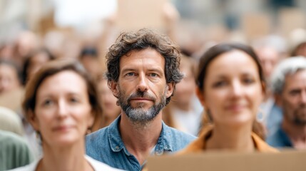 Obraz premium Activists and citizens participating in a demonstration against immigration policies, holding signs and expressing their dissent in a public space