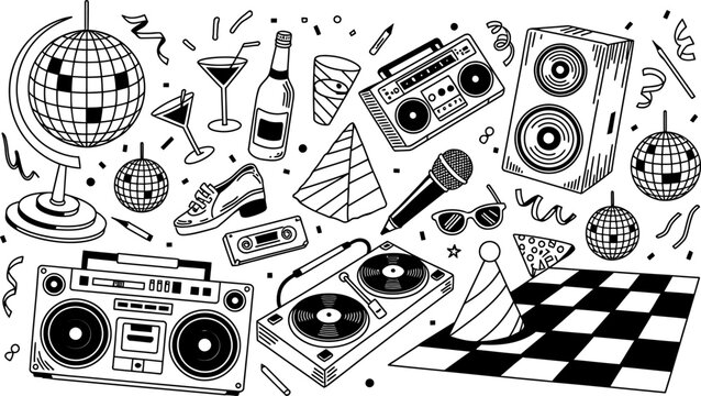 Black and white doodle art of party elements and music equipment disco ball boombox