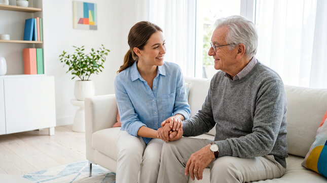 Female caregiver holding hands with senior man during supportive home care conversation