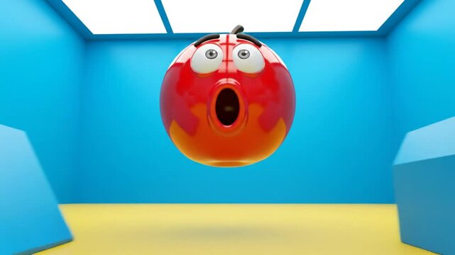 Surprised animated red character in a blue room with floating and dissolving blue geometric shapes, cartoon background