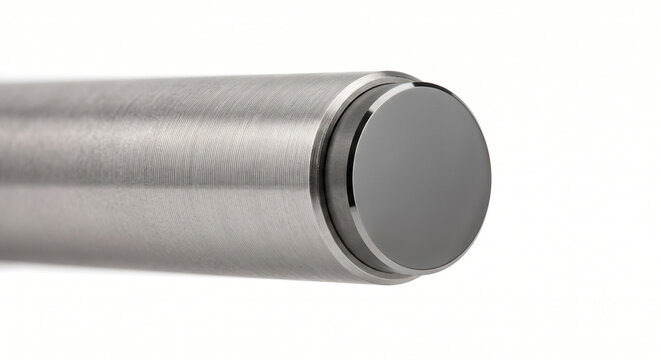 Macro view of a micro-machined stainless steel micrometer anvil spindle tip with a flat polished carbide face. Precision measuring hardware isolated on white.