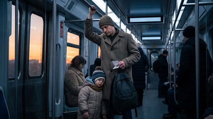 Naklejka premium Tired Parent Standing With Young Child in Urban Train Rush Hour