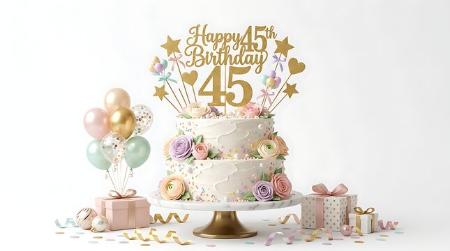 Elegant 45th birthday cake with balloons and gifts on white background