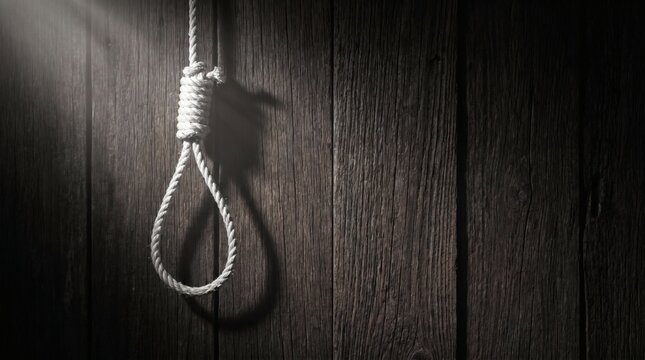 A noose hanging against a dark wooden wall with dramatic lighting.