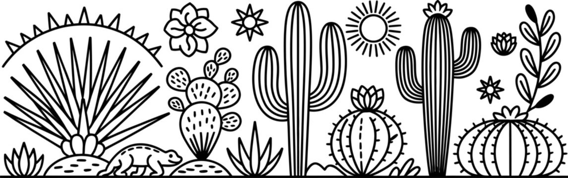 Black and white line art illustration of desert plants and a lizard cactus succulent