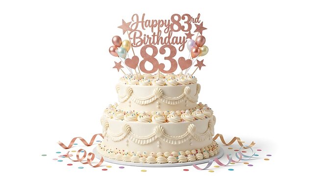 Elegant two tier birthday cake with rose gold decorations for 83rd celebration