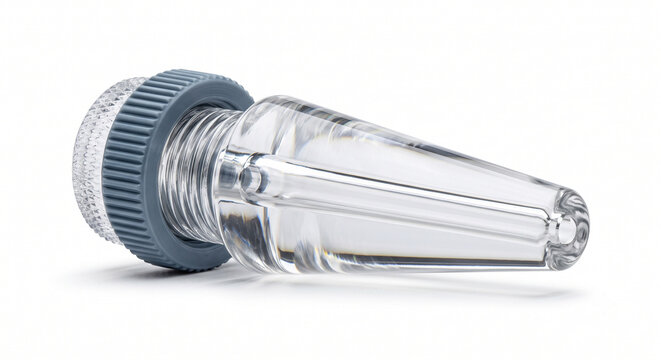 Macro view of a transparent glass burette stopcock valve key with a threaded plastic retaining nut. Scientific glassware hardware isolated on white.