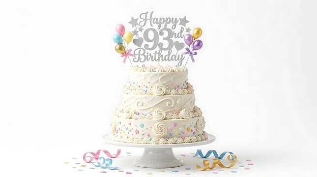 93rd birthday cake with number topper and confetti decoration