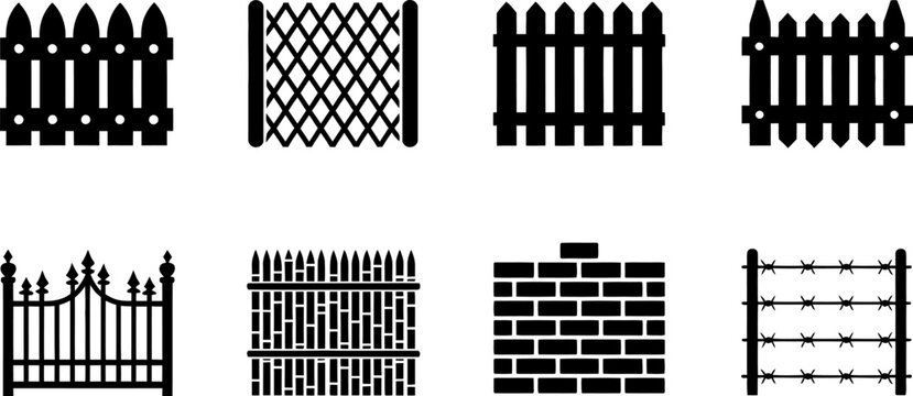 Black silhouette icons of fences, brick wall, and barbed wire picket fence gate