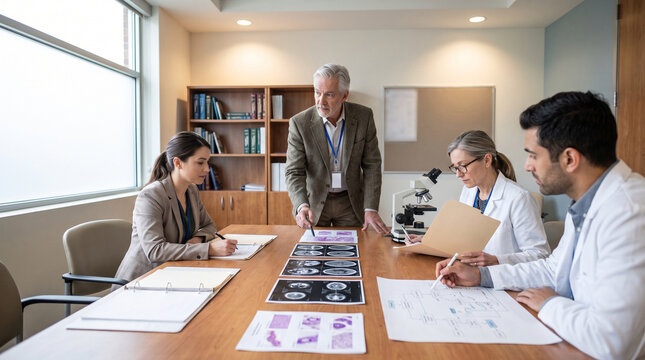 Oncology Team Comparing Pathology Notes During Tumor Board Session
