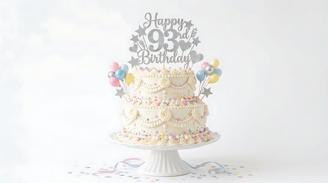 Elegant two tier birthday cake with 'happy 93rd birthday' cake topper