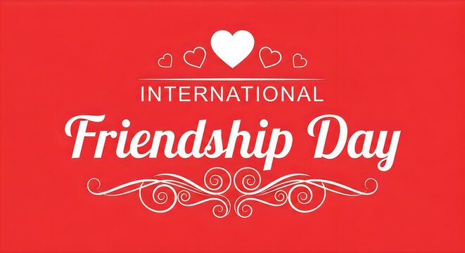 Celebration of Friendship with Heart and Floral Design on Red Background