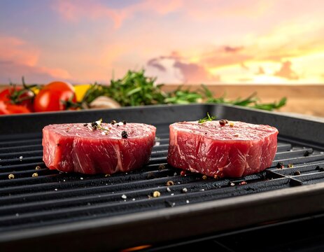 Raw Steaks on Grill.