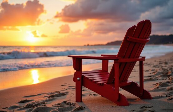 Red Adirondack chair on sandy beach at sunset with ocean reflection and giga mood