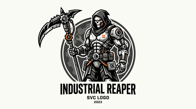 Industrial Reaper Robot with Scythe, Cyborg Grim Reaper Logo