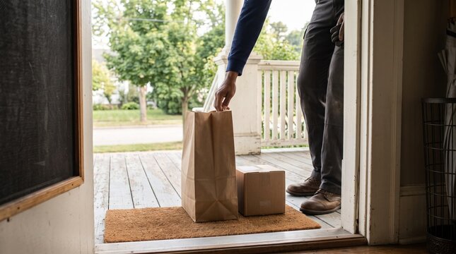 Morning Grocery And Parcel Drop At Suburban Front Door Threshold
