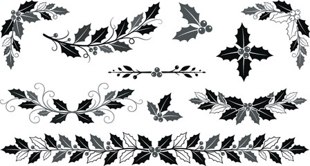 Fototapeta premium Elegant black and white Christmas holly vector illustration set featuring decorative borders corners dividers and branches isolated on white background.