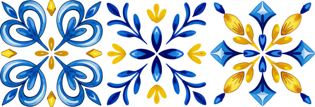 Blue and yellow watercolor floral tiles in Portuguese azulejo style ceramic mosaic