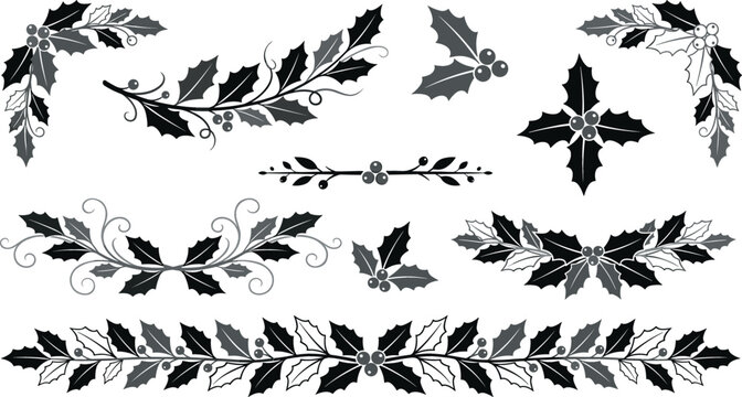 Elegant black and white Christmas holly vector illustration set featuring decorative borders corners dividers and branches isolated on white background.