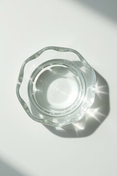 Objeto de vidrio gen&eacute;rico que proyecta sombras suaves; superficie de estilo editorial minimalista