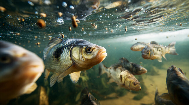Underwater scene of fish gathering to eat food pellets in clear water