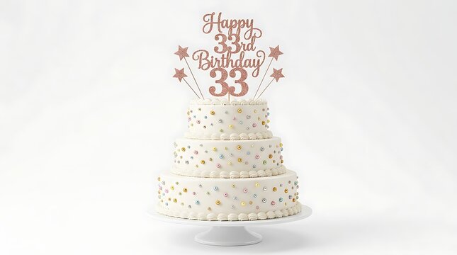 Three tier birthday cake with 'happy 33rd birthday' cake topper