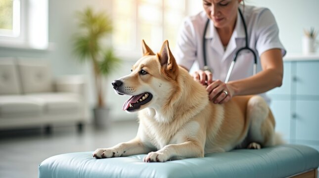Perro mayor disfrutando de ejercicios suaves de fisioterapia con un especialista en rehabilitaci&oacute;n veterinaria en un centro de bienestar luminoso