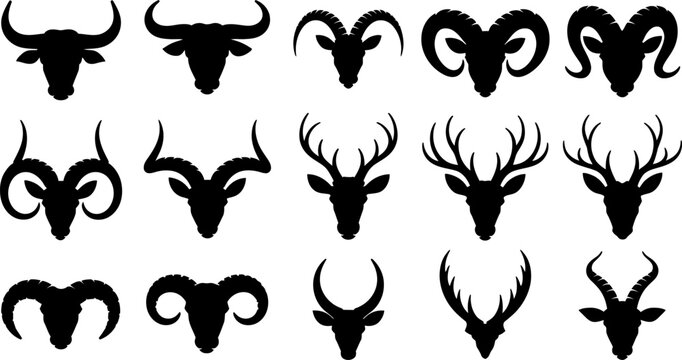 Collection of animal head silhouettes with horns and antlers vector illustration