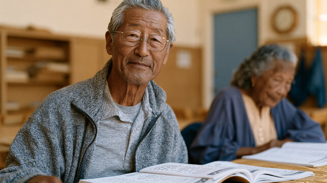 Korean senior man at a community center table with language workbooks open, repeating vocabulary phrases quietly to himself, a Filipino elderly woman across from him doing the