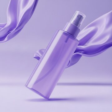 Skincare product mockup featuring a purple bottle with a flowing fabric in a serene environment showcasing the product design and packaging.