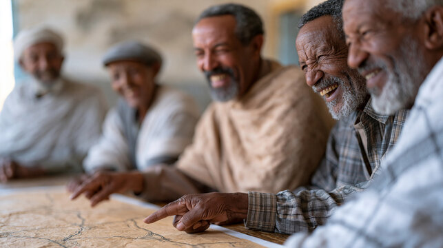 Ethiopian elderly travel group of six gathered around a hand-drawn map on a hostel table, pointing and laughing, diverse senior tourists planning next route together, retirement